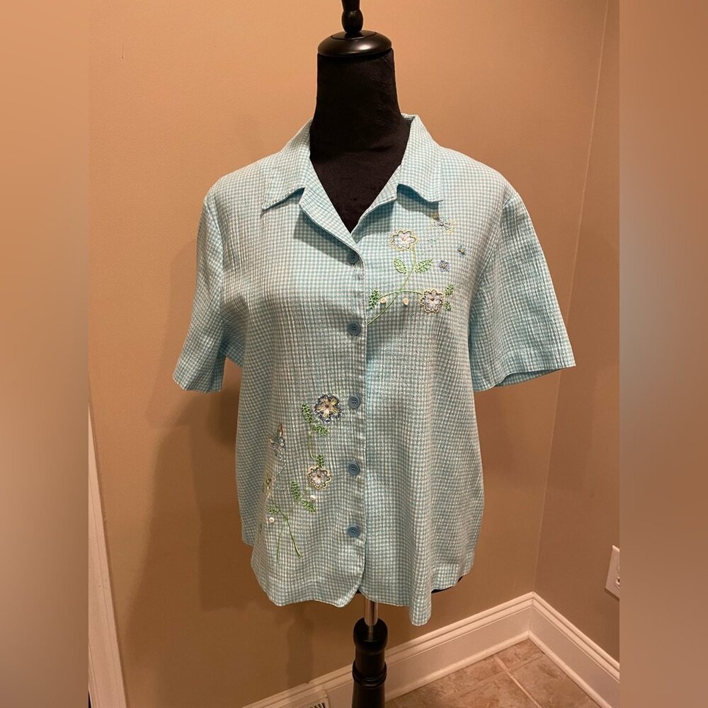 Vintage Alfred Dunner Aqua Seersucker Button Up Shirt Size 16 Beaded Floral